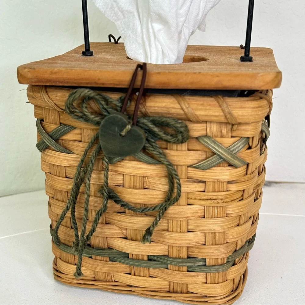Farmhouse Basket Kleenex Holder With Wood Top